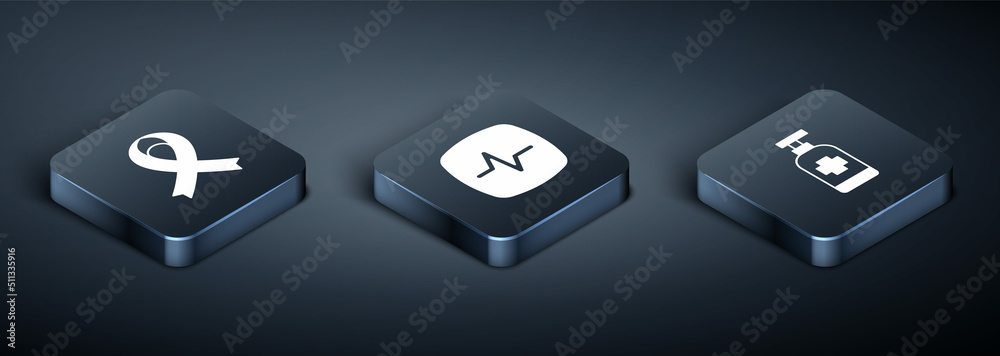 Set Isometric Awareness ribbon, Antibacterial soap and Heart rate icon. Vector Set Isometric Awareness ribbon, Antibacterial soap and Heart rate icon. Vector