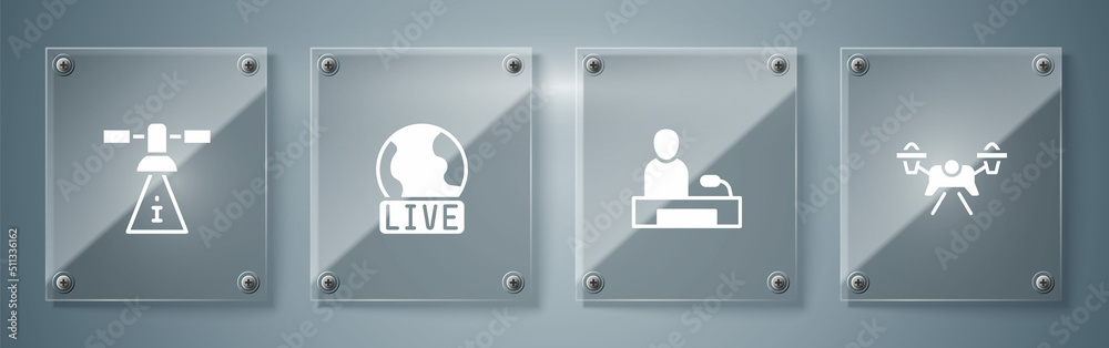 Set Drone, Television report, Live and Satellite. Square glass panels. Vector