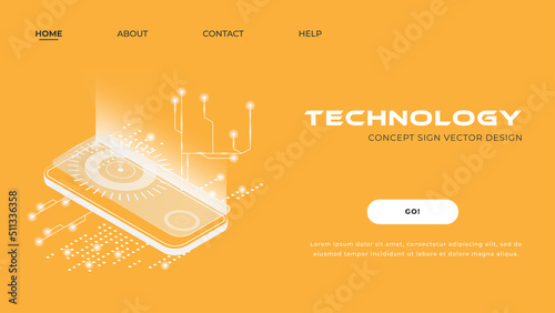 Landing page for a website related to technology, electronics, computers and telephones. Illustration in isometric. Futuristic style.