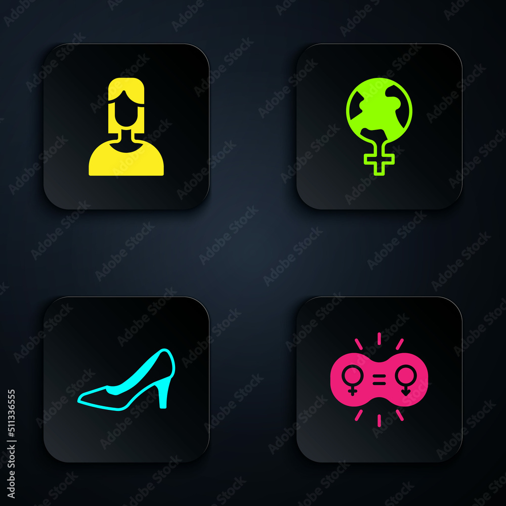 Set Gender equality, Female, Woman shoe and Feminism in the world. Black square button. Vector Set Gender equality, Female, Woman shoe and Feminism in the world. Black square button. Vector
