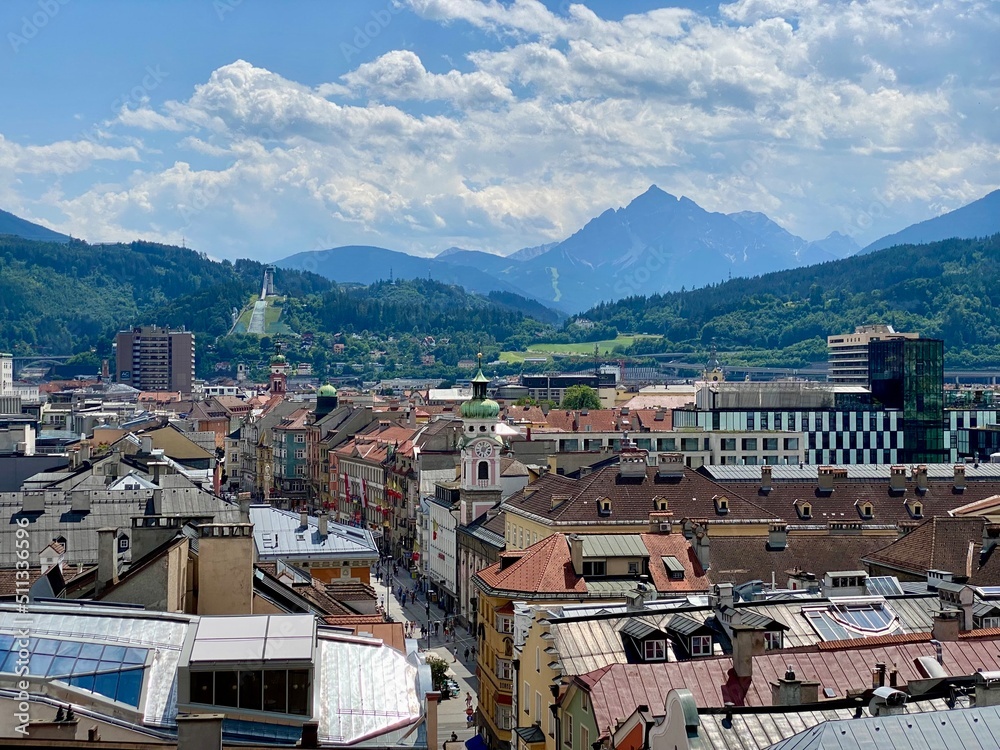 The Bergisel ski jumping hill in the distance. Bergisel was designed by Zaha Hadid. Bergisel ski jumping hill in Innsbruck, Austria.