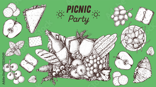Picnic food top view. Hand drawn vector illustration. Picnic basket with bread, wine, grape, apple, cheese, tomatoes, salami. Food and drink sketch. Sandwich, fruits, snacks. Summer Food