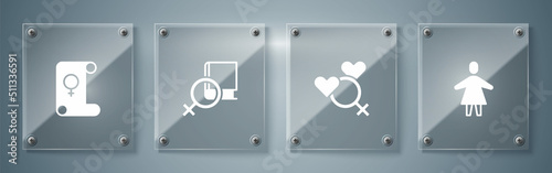 Set Female, gender, Book about women and Feminism. Square glass panels. Vector