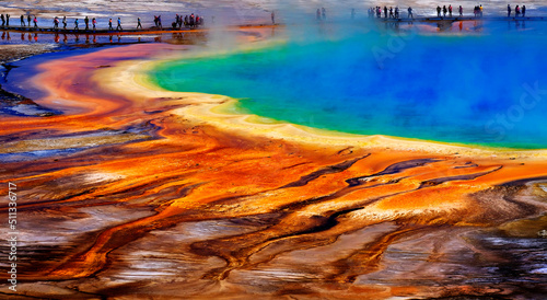 Grand Prismatic Spring Yellowstone National Park Tourists Viewing Spectacular Scene