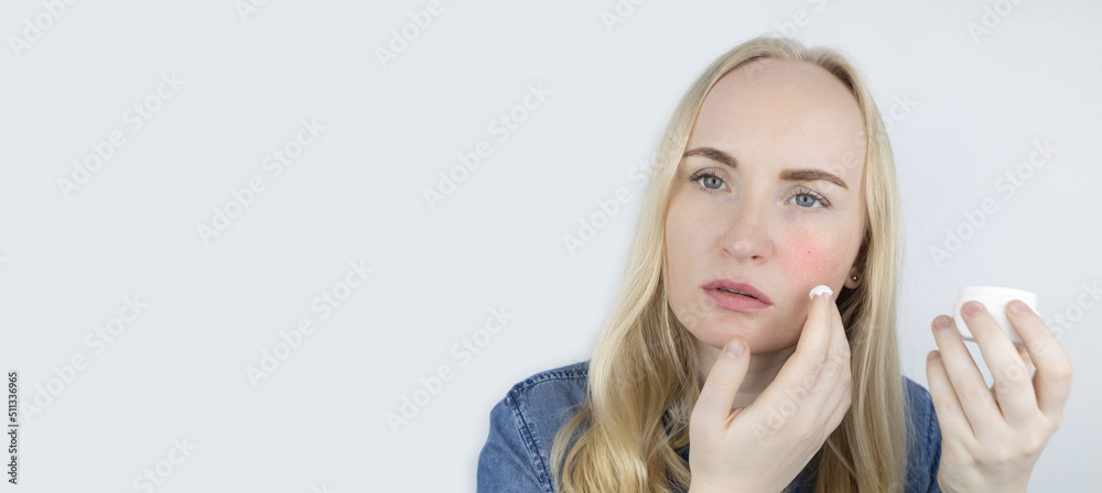 Allergy to cosmetics. Girl got acne from a poor-quality cream, powder or foundation. Concept of skin reaction to substandard or toxic products. Allergy to cosmetics. Girl got acne from a poor-quality cream, powder or foundation. Concept of skin reaction to substandard or toxic products.