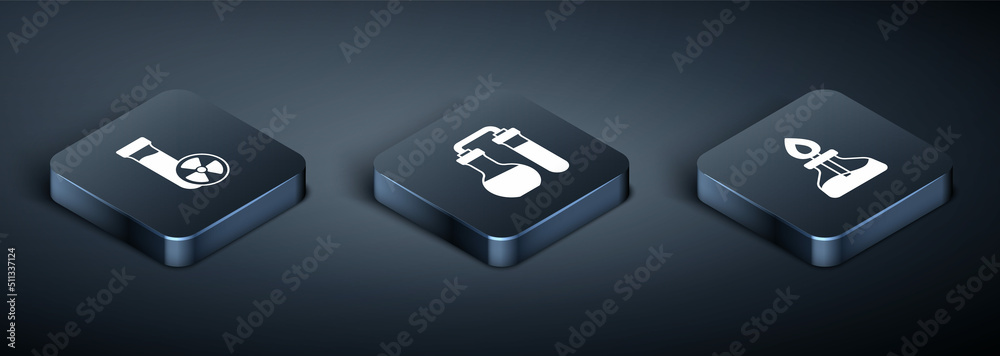 Set Isometric Test tube with toxic liquid, Alcohol or spirit burner and icon. Vector Set Isometric Test tube with toxic liquid, Alcohol or spirit burner and icon. Vector