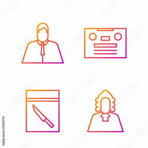 Set line Judge, Evidence bag and knife, Lawyer, attorney, jurist and Retro audio cassette tape. Gradient color icons. Vector