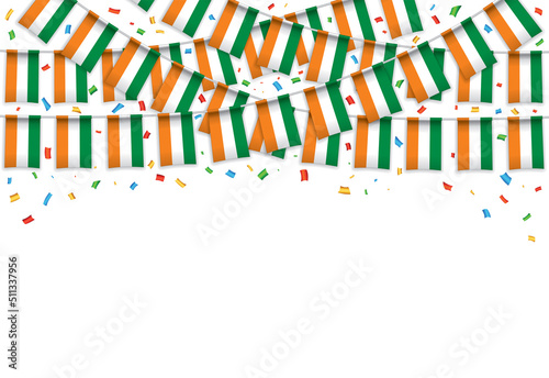 Ivory Coast flags garland white background with confetti, Hang bunting for National Day celebration template banner, Vector illustration