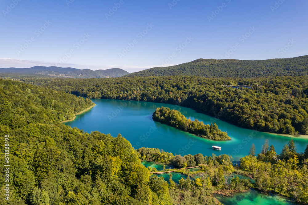 Aerial view on Plitvice Lakes with forest at summer day in Croatia, Europe