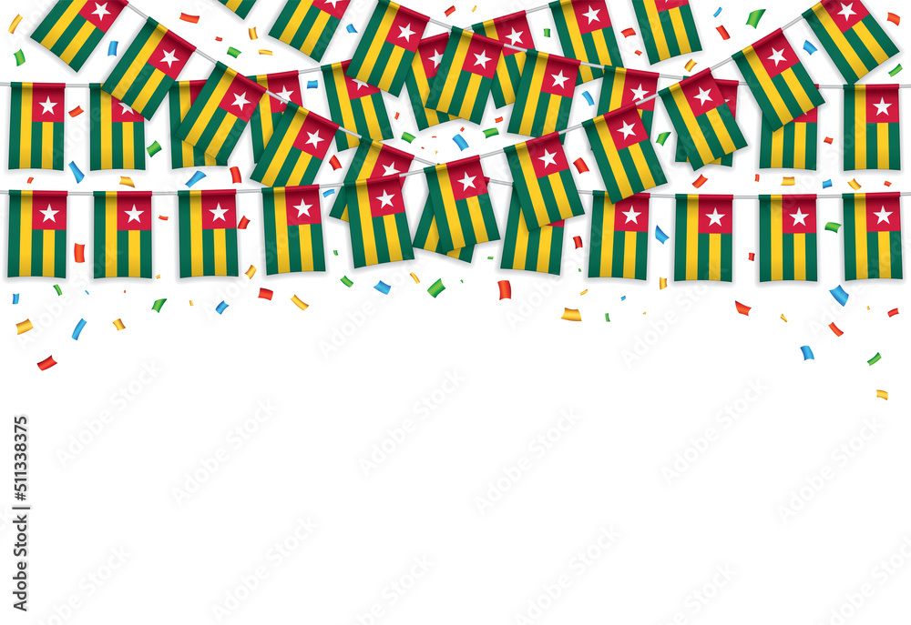 Togo flags garland white background with confetti, Hanging bunting for Independence Day celebration template banner, Vector illustration