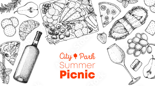 Picnic food top view. Hand drawn vector illustration. Food and drink sketch. Antipasti, pizza, sandwich, wine and snacks for lunch or dinner. Summer food top view.