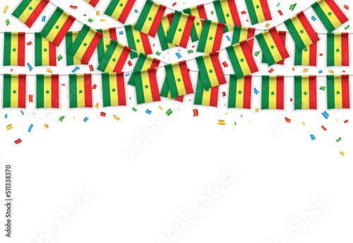 Senegal flags garland white background with confetti, Hanging bunting for Independence Day celebration template banner, Vector illustration