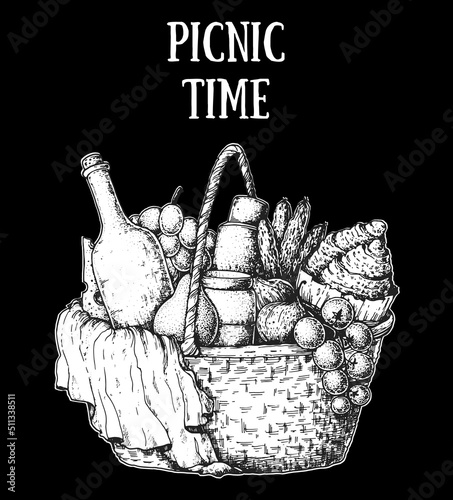Picnic basket sketch. Hand drawn vector illustration. Summer food outdoors. Picnic basket with wine, grape, croissants, cheese, tomatoes, sausages. Food and drink illustration.