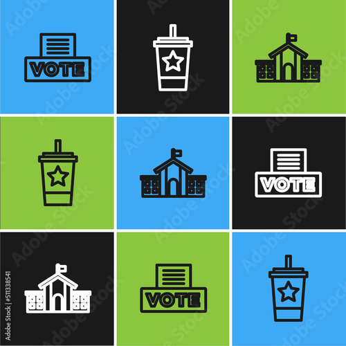 Set line Vote box, United States Capitol Congress and Paper glass with straw icon. Vector