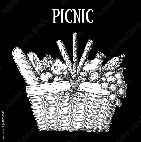Picnic basket sketch. Hand drawn vector illustration. Summer food outdoors. Picnic basket with bread, grape, apple, cheese, tomatoes, salami. Food and drink illustration.