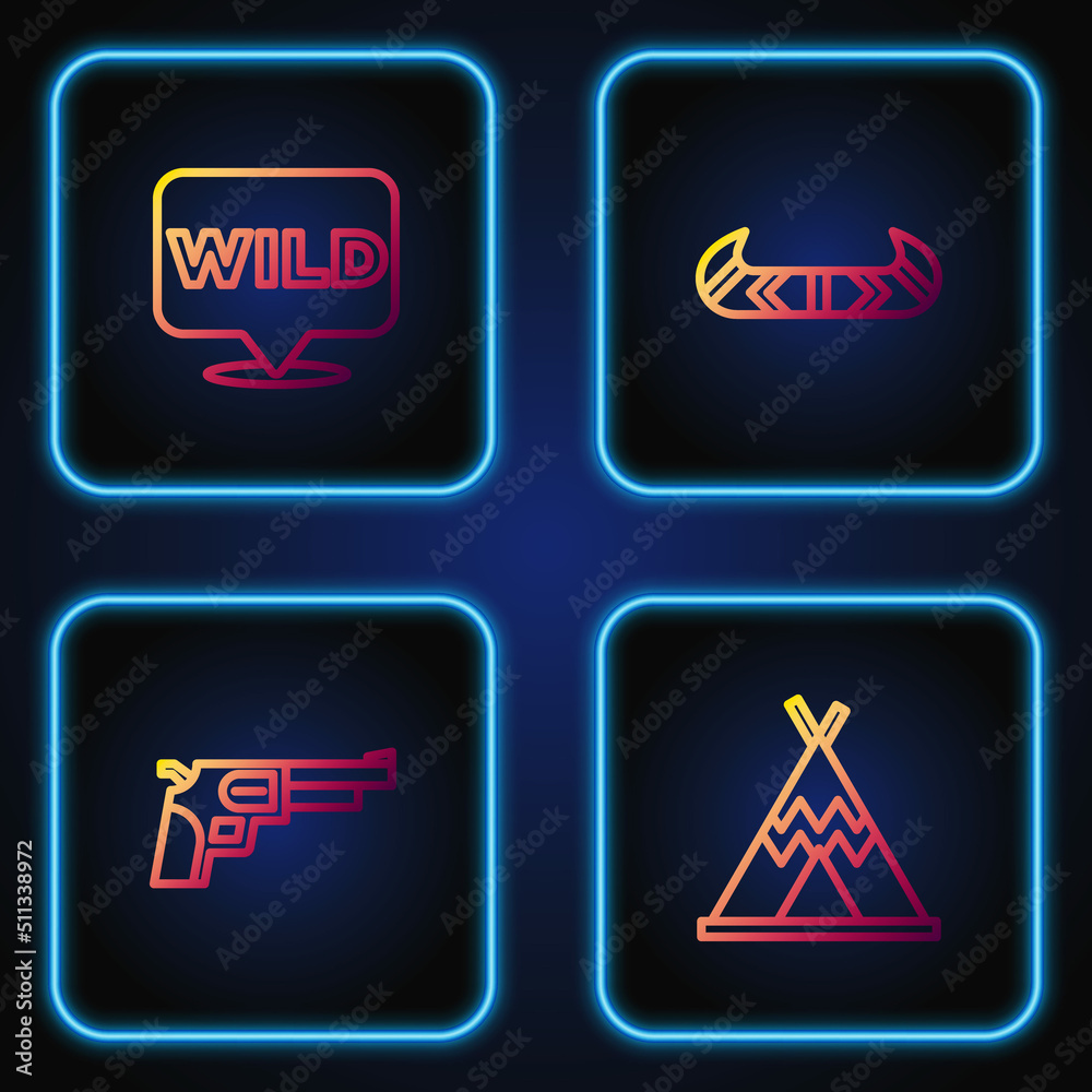 Set line Indian teepee or wigwam, Revolver gun, Pointer to wild west and Kayak canoe and paddle. Gradient color icons. Vector
