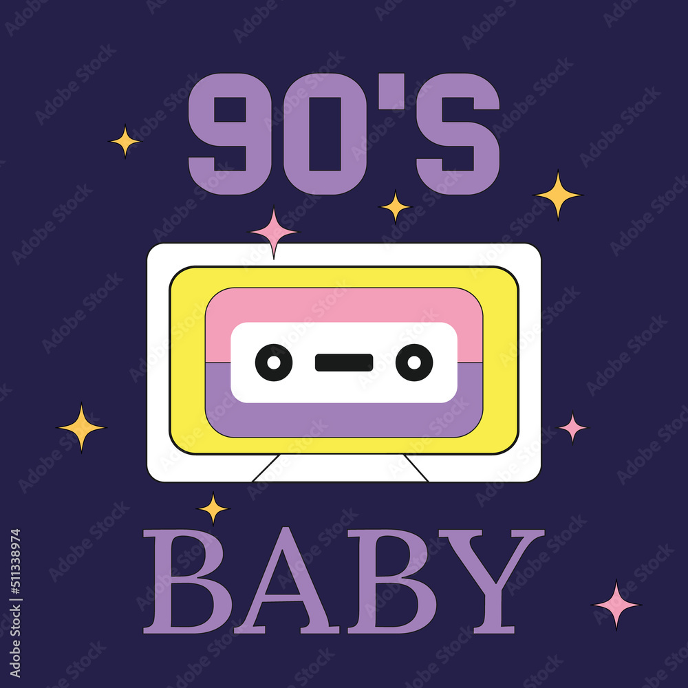 Bright banner of the cassette music on a dark background child of the 90s text. Vector composition invitation retro party