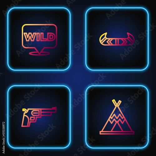 Set line Indian teepee or wigwam, Revolver gun, Pointer to wild west and Kayak canoe and paddle. Gradient color icons. Vector