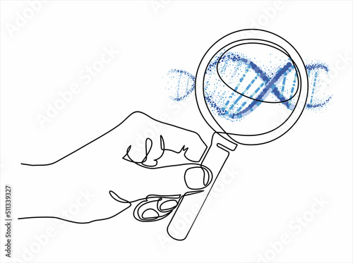 Continuous line drawing of hand holding magnifying glass with dna. Vector illustration