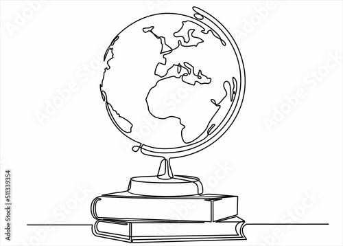 Earth globe above books stack. Single continuous line world global map graphic icon. Simple one line doodle for education concept. Isolated vector illustration minimalist design on white background