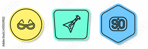 Set line Glasses, Electric bass guitar and 90s Retro. Colored shapes. Vector