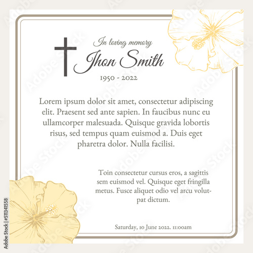 card template funeral with two yellow flowers