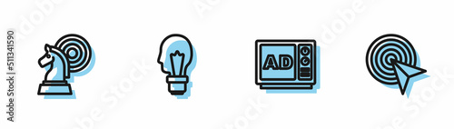 Set line Advertising, Chess, Light bulb with concept of idea and Target icon. Vector