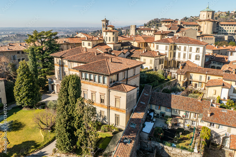 Aerial view of the skyline of Bergamo Alta