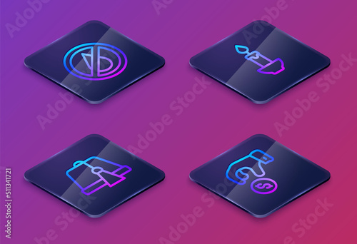 Set Isometric line No water, Turkish hat, Burning candle and Donate or pay your zakat. Blue square button. Vector
