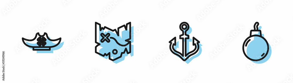 Set line Anchor, Pirate hat, treasure map and Bomb ready to explode icon. Vector Set line Anchor, Pirate hat, treasure map and Bomb ready to explode icon. Vector