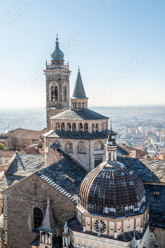 Aerial view of the bell tower and the dome of the Basilica of Bergamo