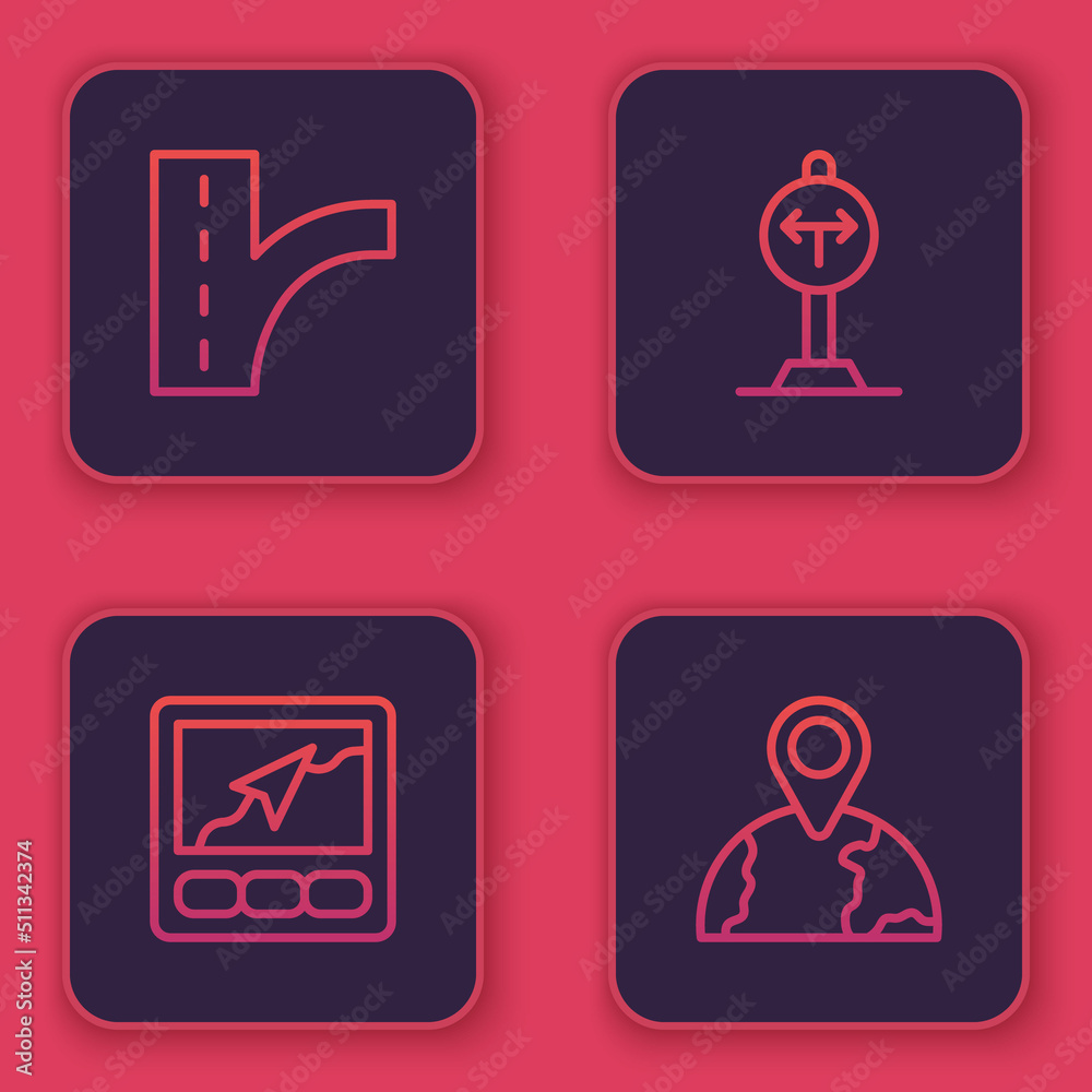 Set line Road traffic sign, Gps device with map, Fork in the road and Location on globe. Blue square button. Vector Set line Road traffic sign, Gps device with map, Fork in the road and Location on globe. Blue square button. Vector