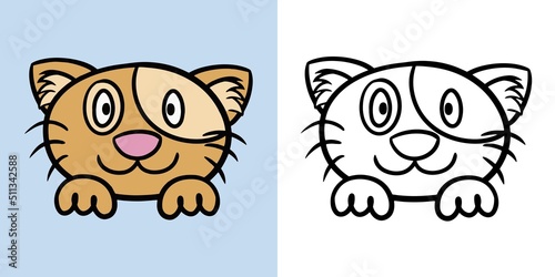 Orange happy cat, smiling cat, cartoon style, Horizontal set of illustrations for coloring books, vector