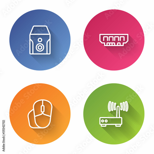 Set line Uninterruptible power supply, RAM, random access memory, Computer mouse and Router wi-fi signal. Color circle button. Vector
