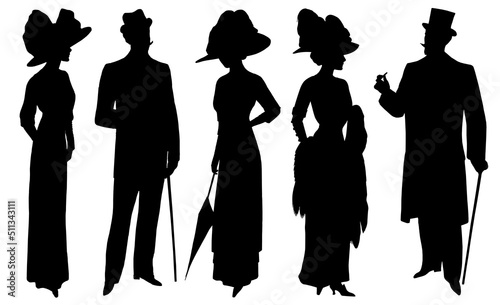 Man woman silhouette  vintage dress hat Fashion people isolated photo