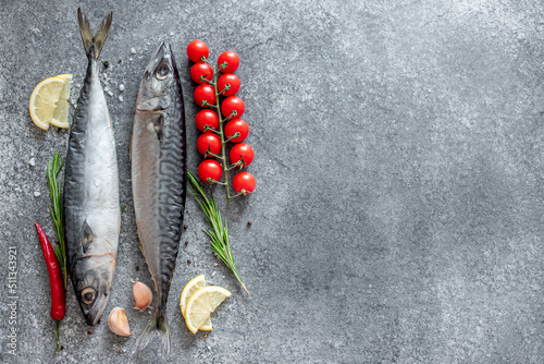 raw mackerel on stone background with copy space for your text