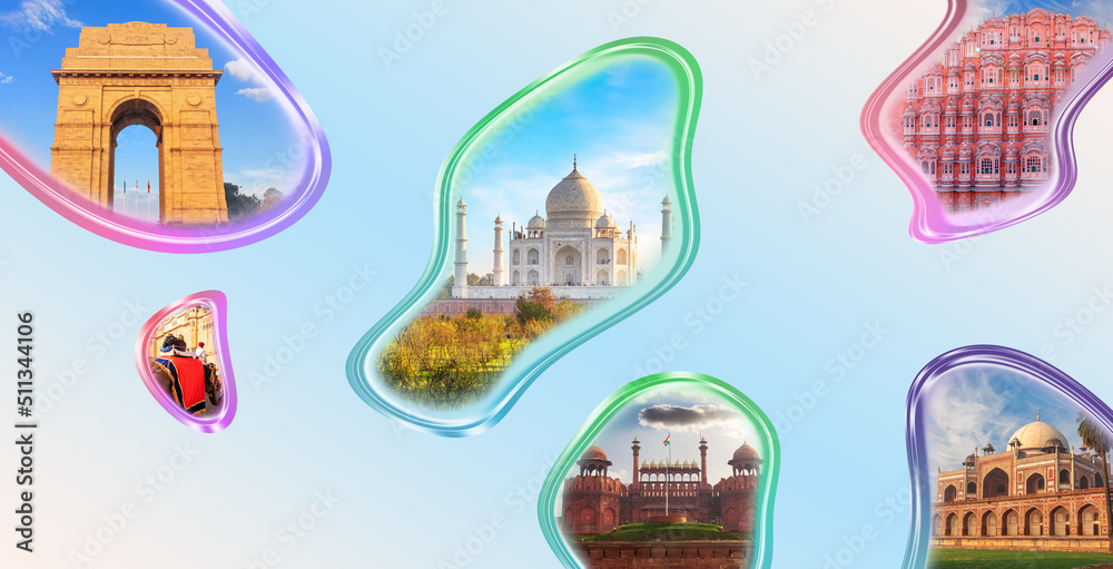 Humayun's Tomb, India Gate, Taj Mahal and Red Fort in one collage of India