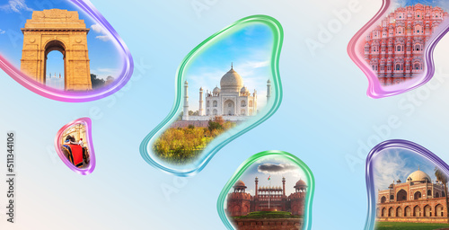 Obraz na płótnie Humayun's Tomb, India Gate, Taj Mahal and Red Fort in one collage of India w salonie