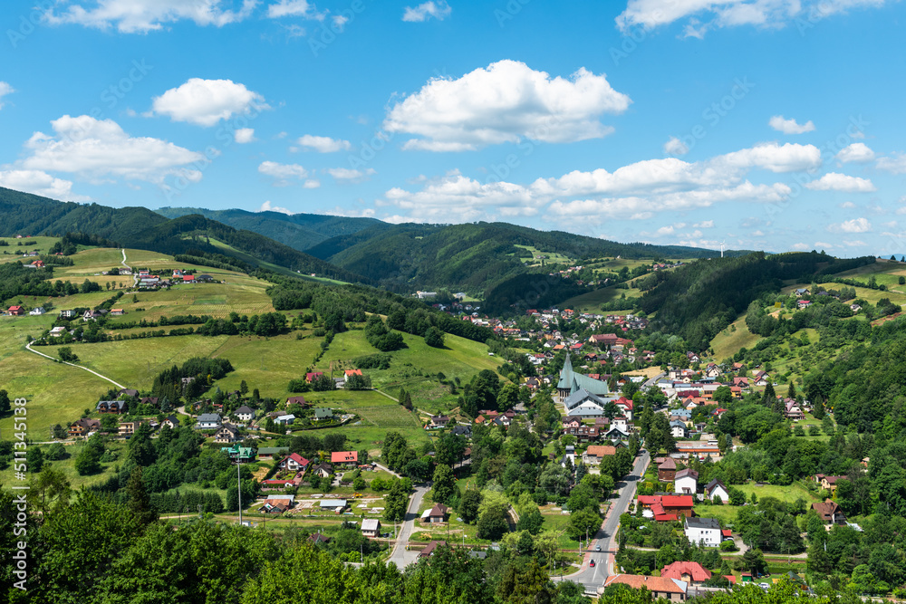 Panoramic View over Beskid Sadecki Picturesque Landscape in Poland