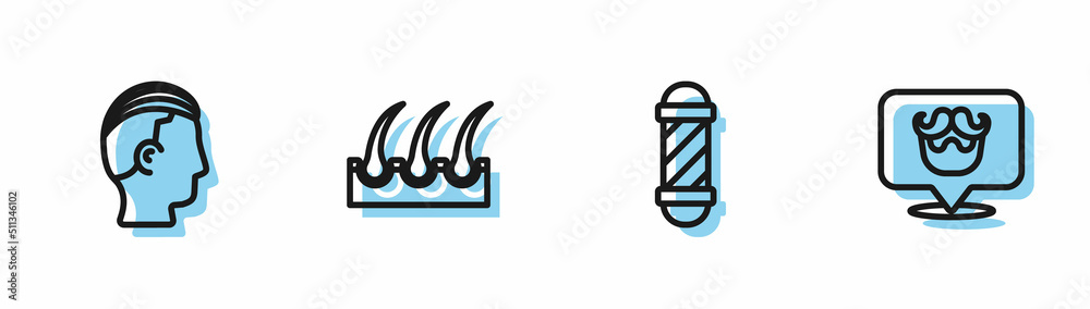 Set line Classic Barber shop pole, Hairstyle for men, Human hair follicle and Barbershop icon. Vector Set line Classic Barber shop pole, Hairstyle for men, Human hair follicle and Barbershop icon. Vector