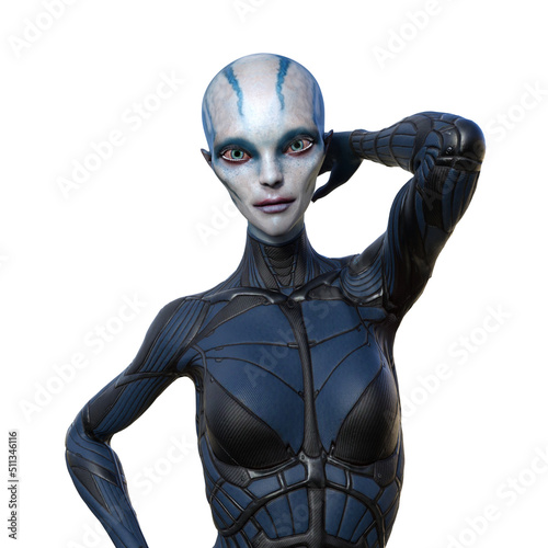 3d illustration of a blue and white skin alien wearing a tight outfit standing with her hand behind her head on a white background.