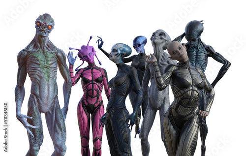 Illustration of a group of seven unique aliens in assorted poses on a white background.