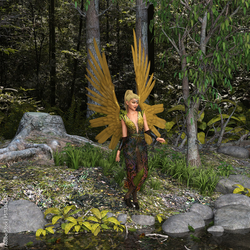 3d illustration of a beautiful winged fairy in an intricate jumpsuit standing next to a slow moving brook in a forest. photo