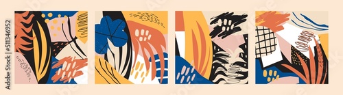 Set of vector collages on dark background with hand-drawn organic shapes, textures and graphic elements. Trendy modern design is ideal for printing, social networks, banners, invitations, brand design