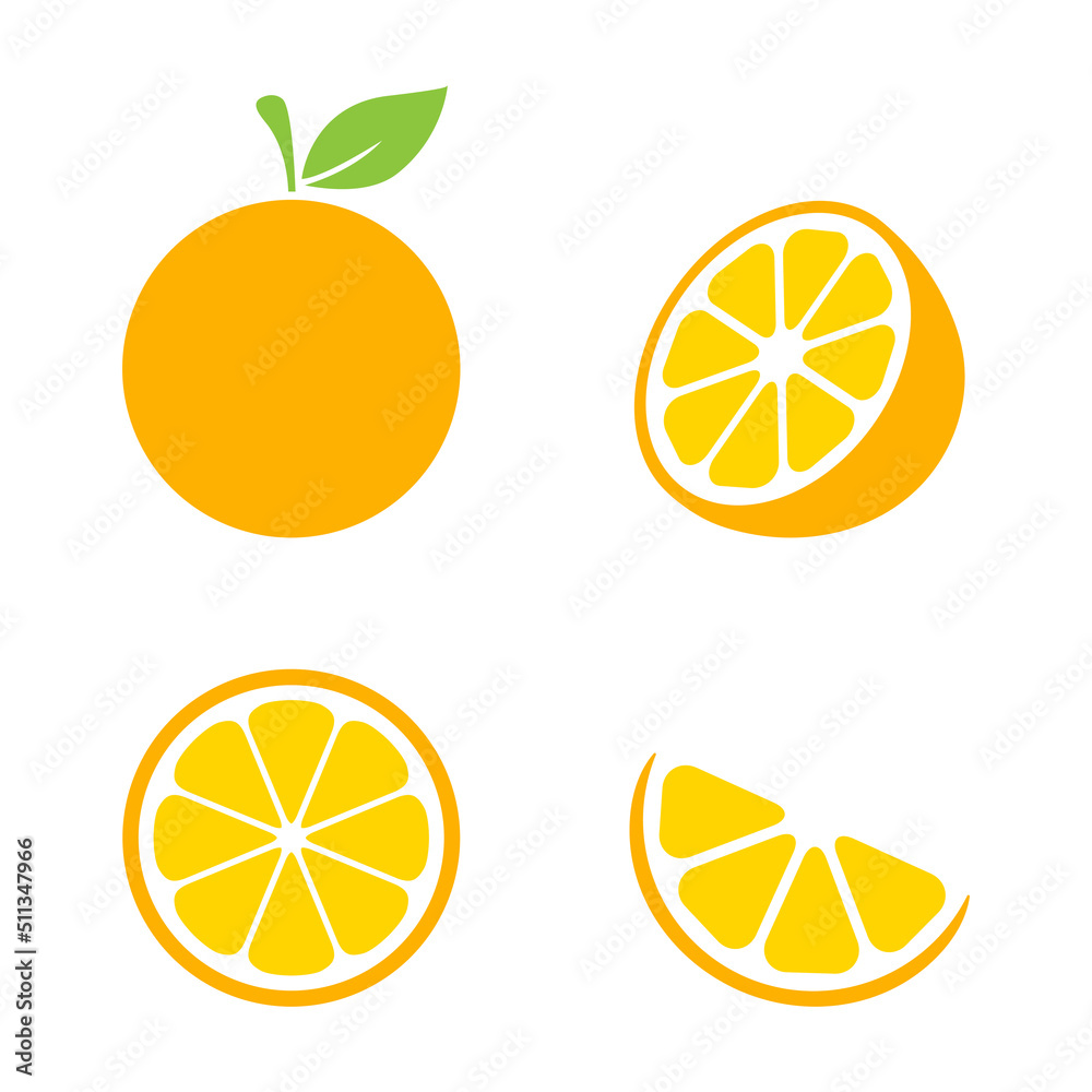 Orange slices set. Whole, half and slice chopped orange fruit. Vector illustration isolated on white background. Orange slices set. Whole, half and slice chopped orange fruit. Vector illustration isolated on white background.