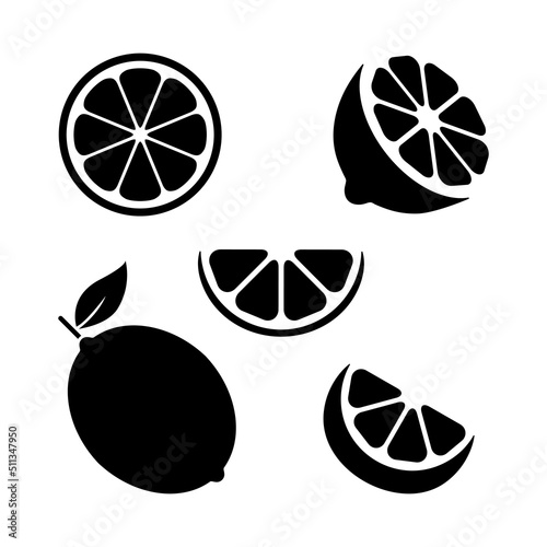 Lemon slice silhouette set. Lime black symbol collection. Citrus fruit whole, half and pieces group. Vector isolated on white background.
