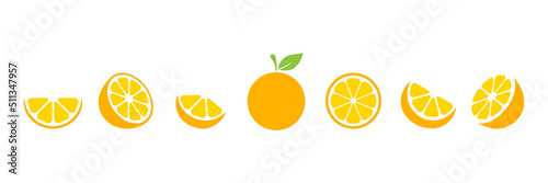 Orange slices set. Whole, half and slice chopped orange fruit. Vector illustration isolated on white background.