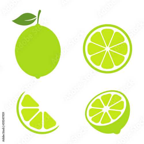 Lime cut slices vector set. Whole, half and slice chopped lime fruit flat collection. Citrus elements group. Illustration isolated on white background.