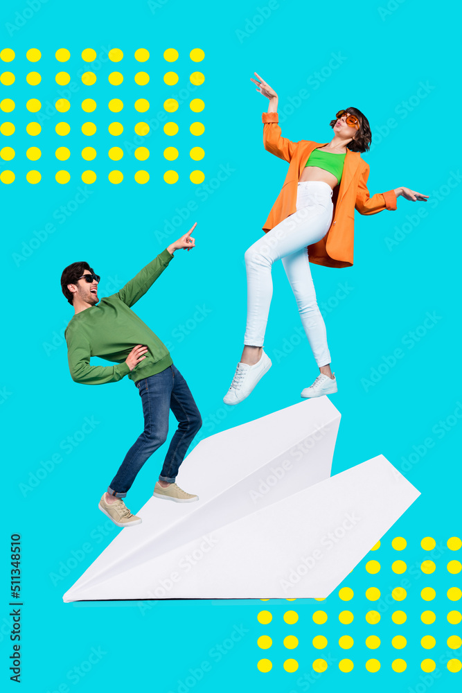 3d creative abstract template graphics collage of cheerful guy girl dancing standing paper plane isolated blue color background