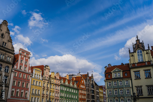 View of old buildings of Market Square and cloudy sky in Wroclaw